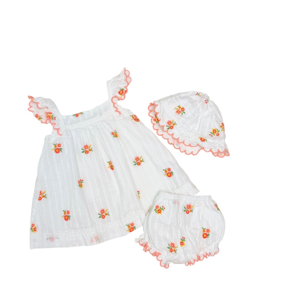 Happily Grey Kids Baby Girls Floral Embroidered Dress Bloomers Hat Set 3-6M